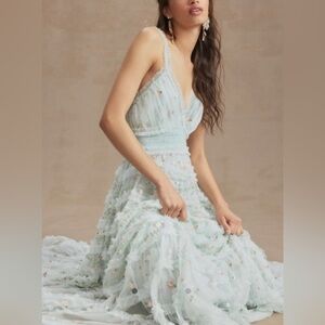 MAC DUGGAL Ruffled Cross-Back Smock-Waist Floral Embroidered Gown Cottagecore